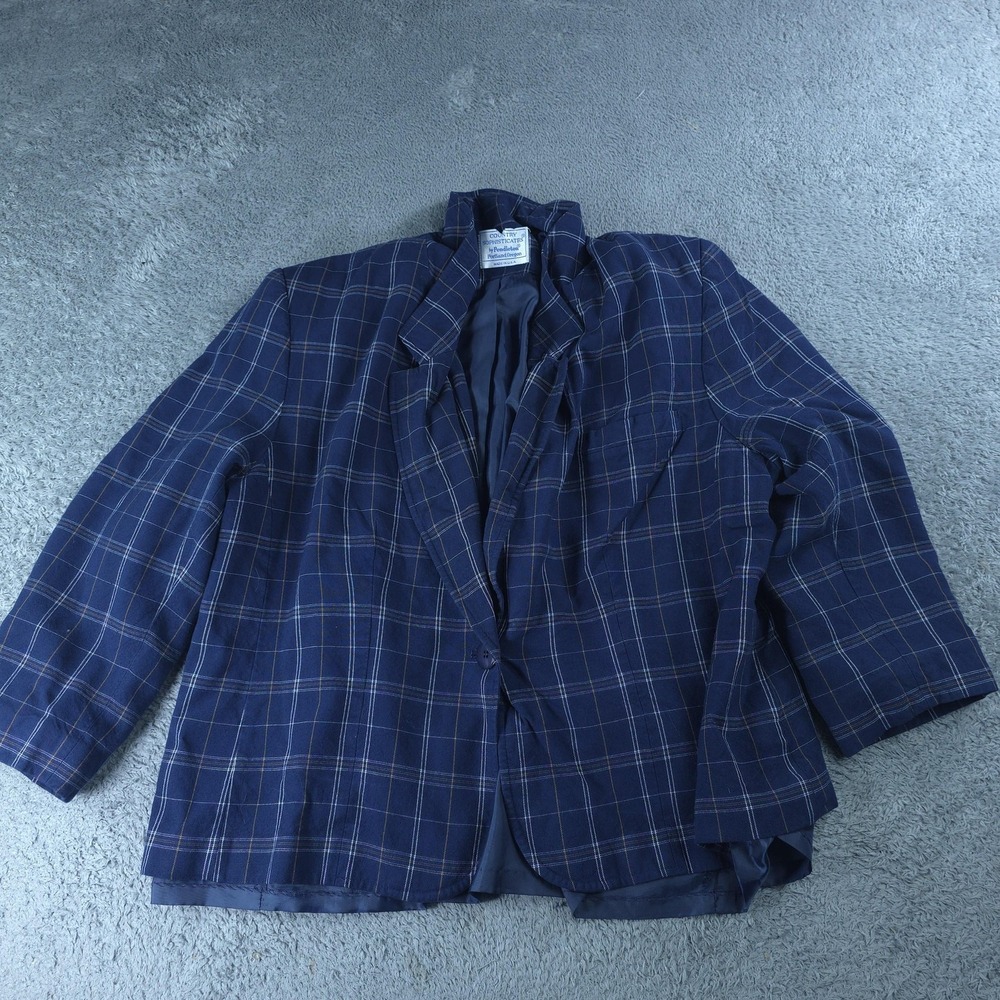 Vintage Pendleton Blazer Jacket Womens 22W Blue Plaid Cotton Lined Made USA
